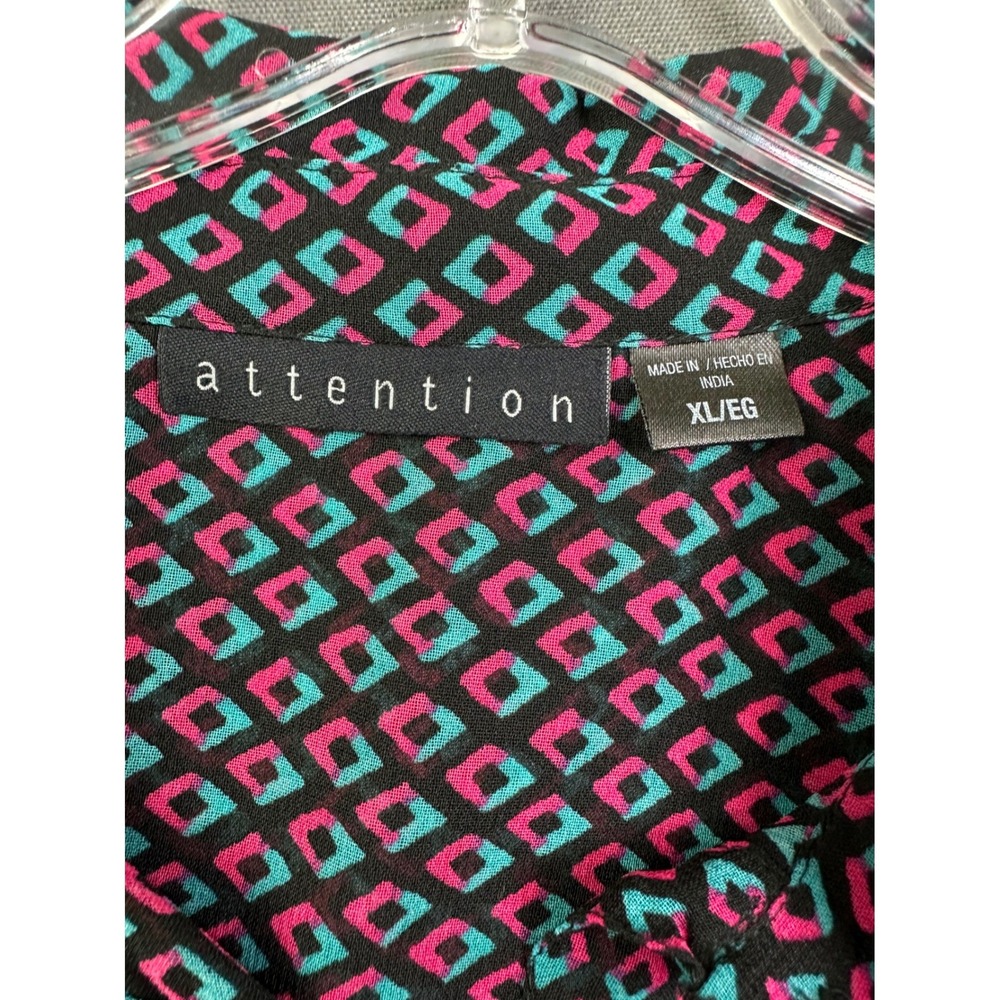 Attention Womens XL Geometric Diamond Print Button Down Blouse Pink Teal Black